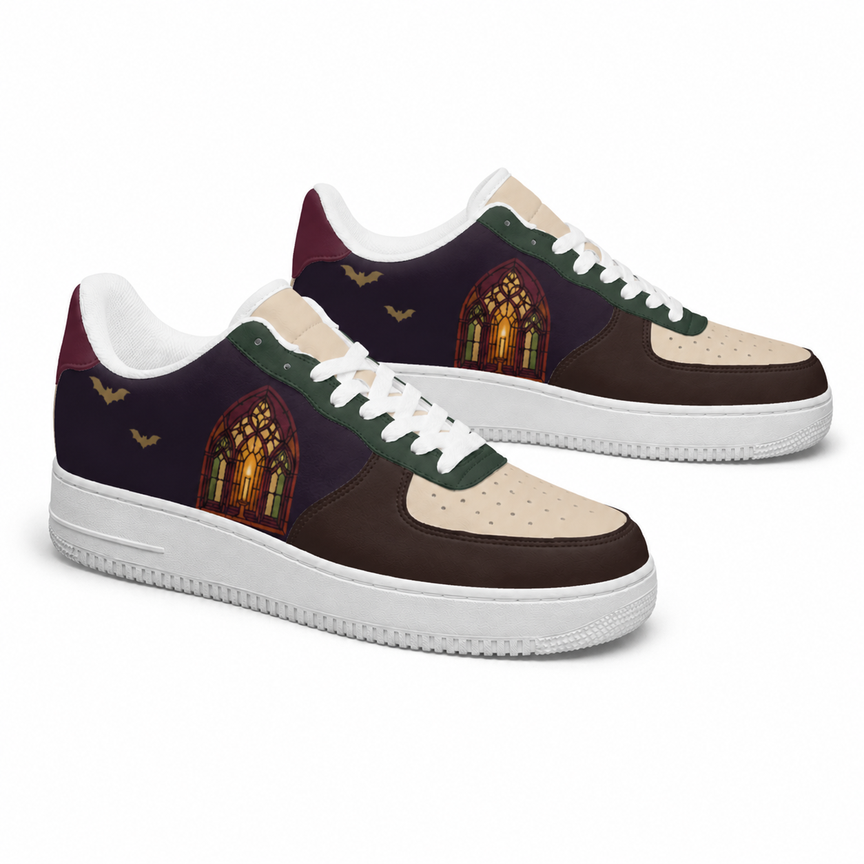 Gothic Stained Glass Bat Sneakers – Dark Cathedral Inspired Casual Shoes