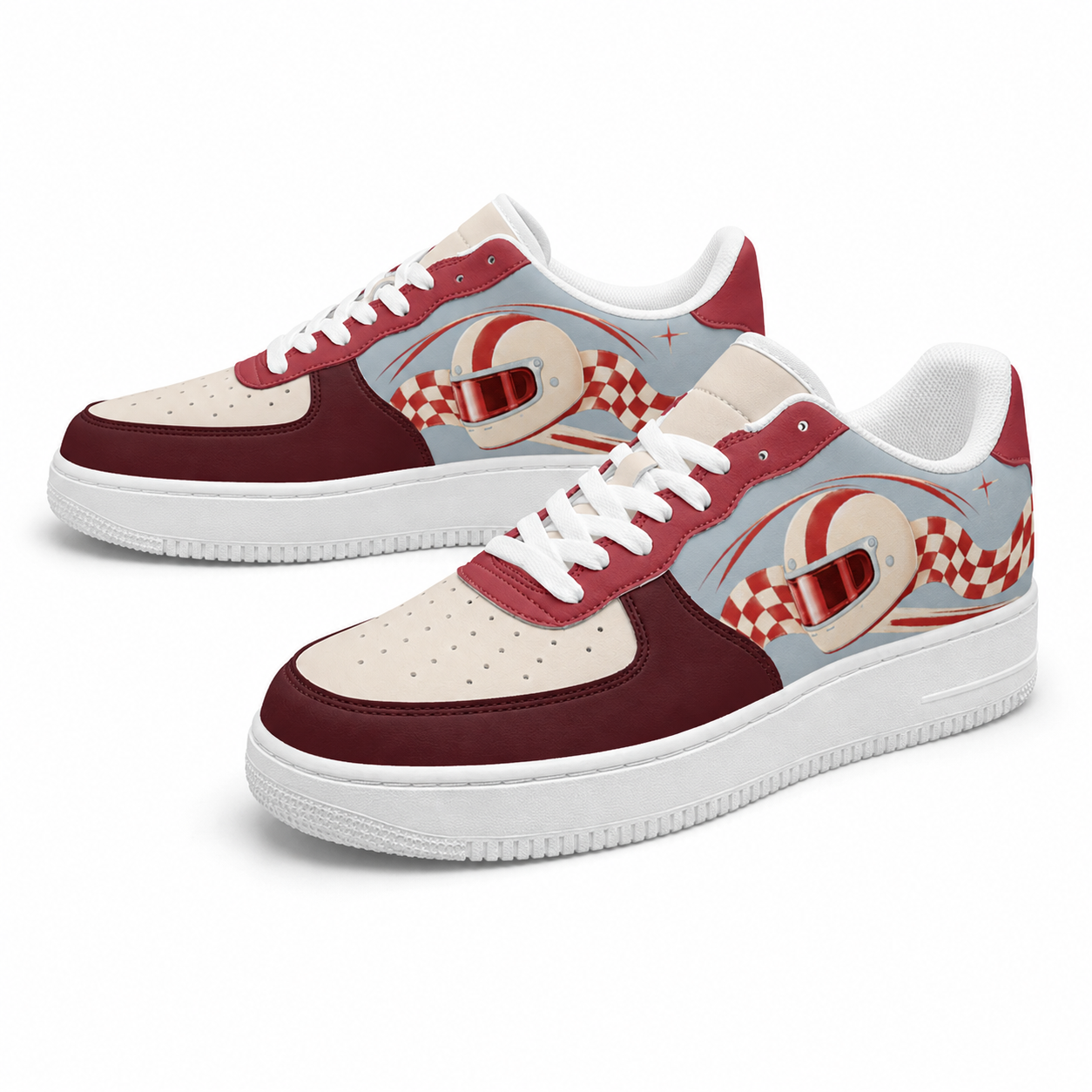 Retro Checkered Low-Top Sneakers – Burgundy & Powder Blue