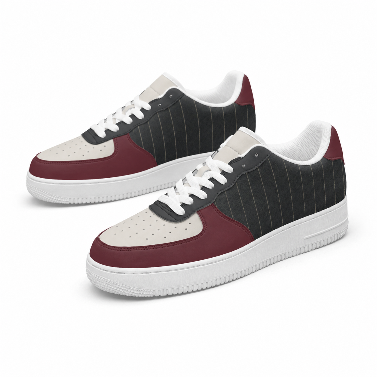 Pinstripe Color-Block Low-Top Sneakers – Black, Cream & Burgundy