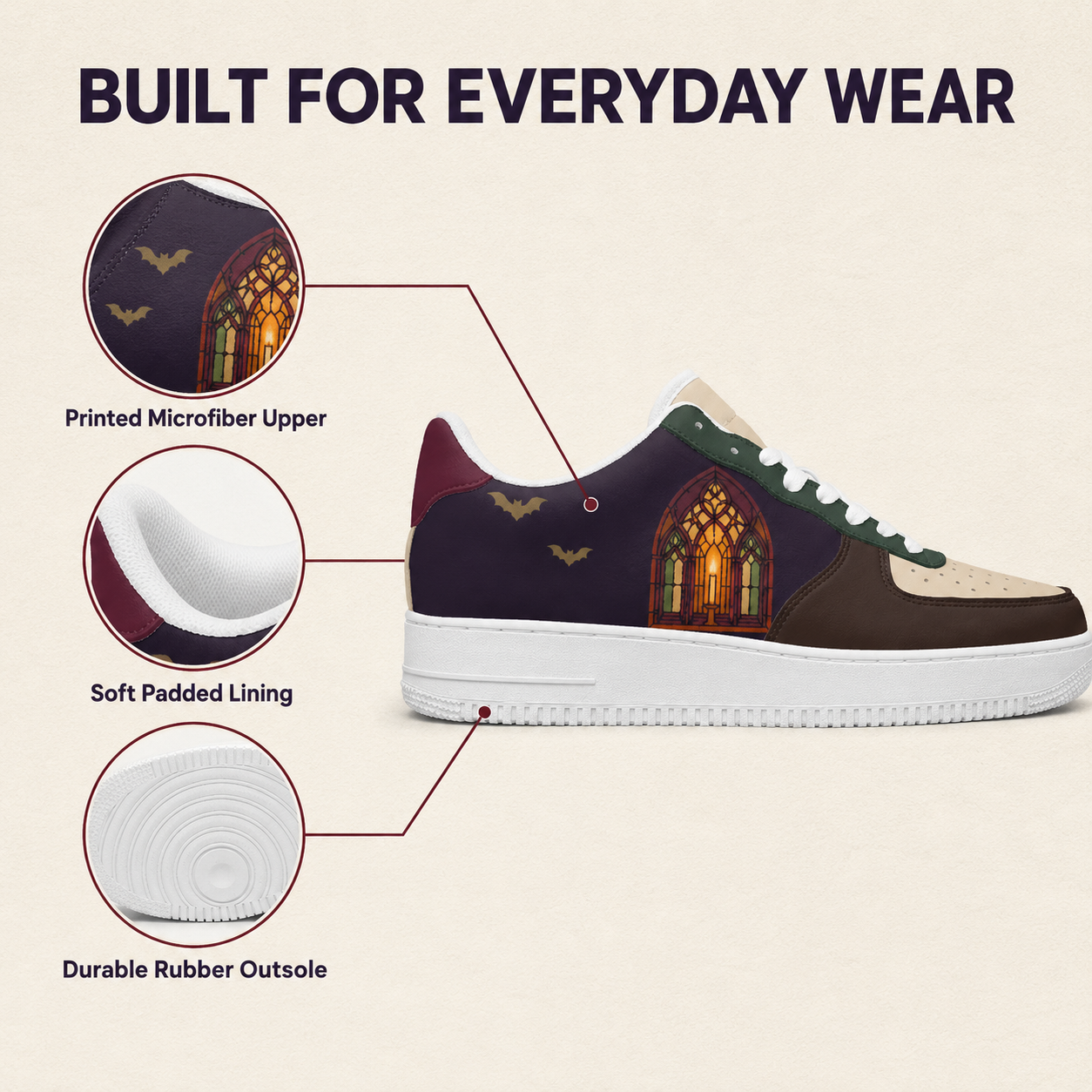 Gothic Stained Glass Bat Sneakers – Dark Cathedral Inspired Casual Shoes