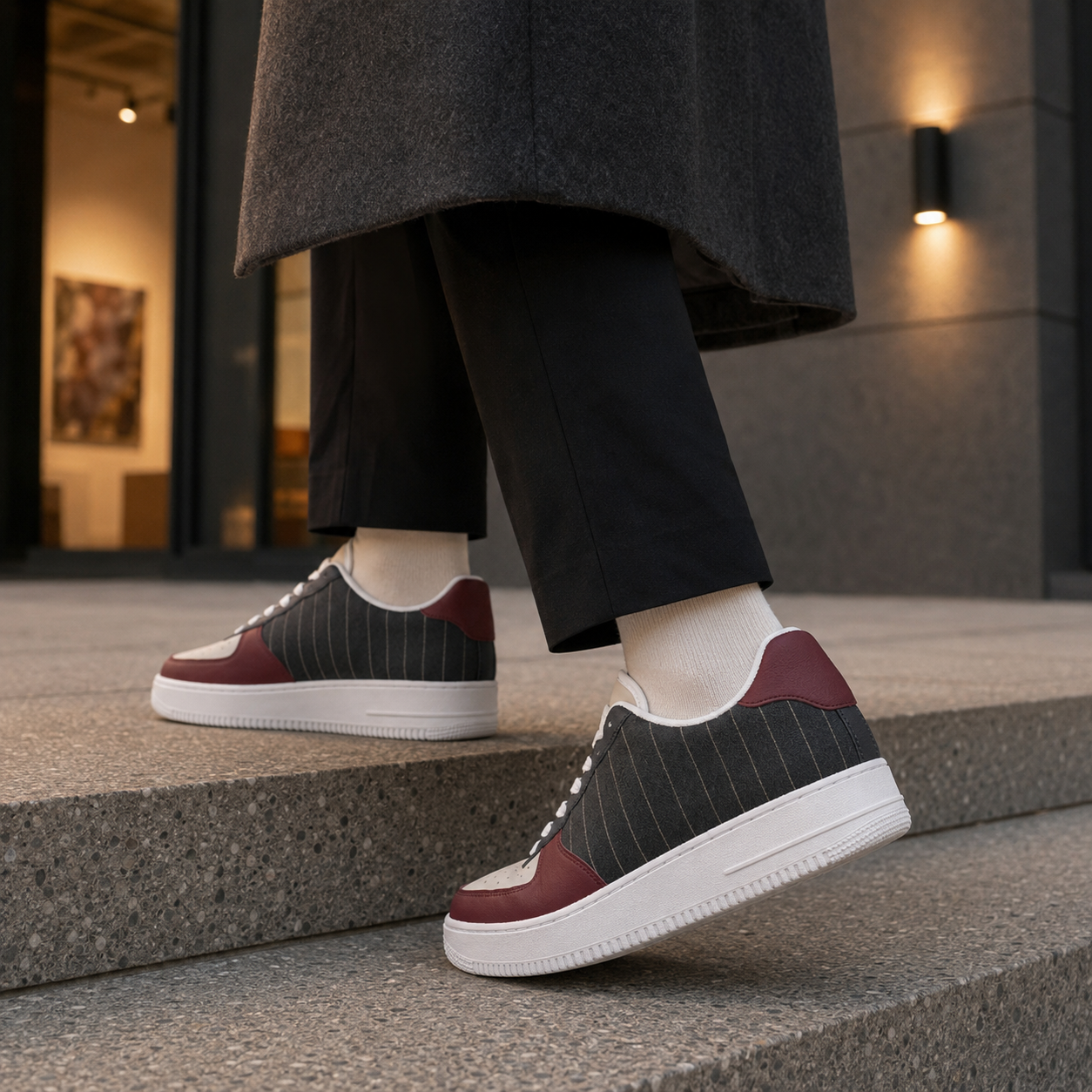 Pinstripe Color-Block Low-Top Sneakers – Black, Cream & Burgundy