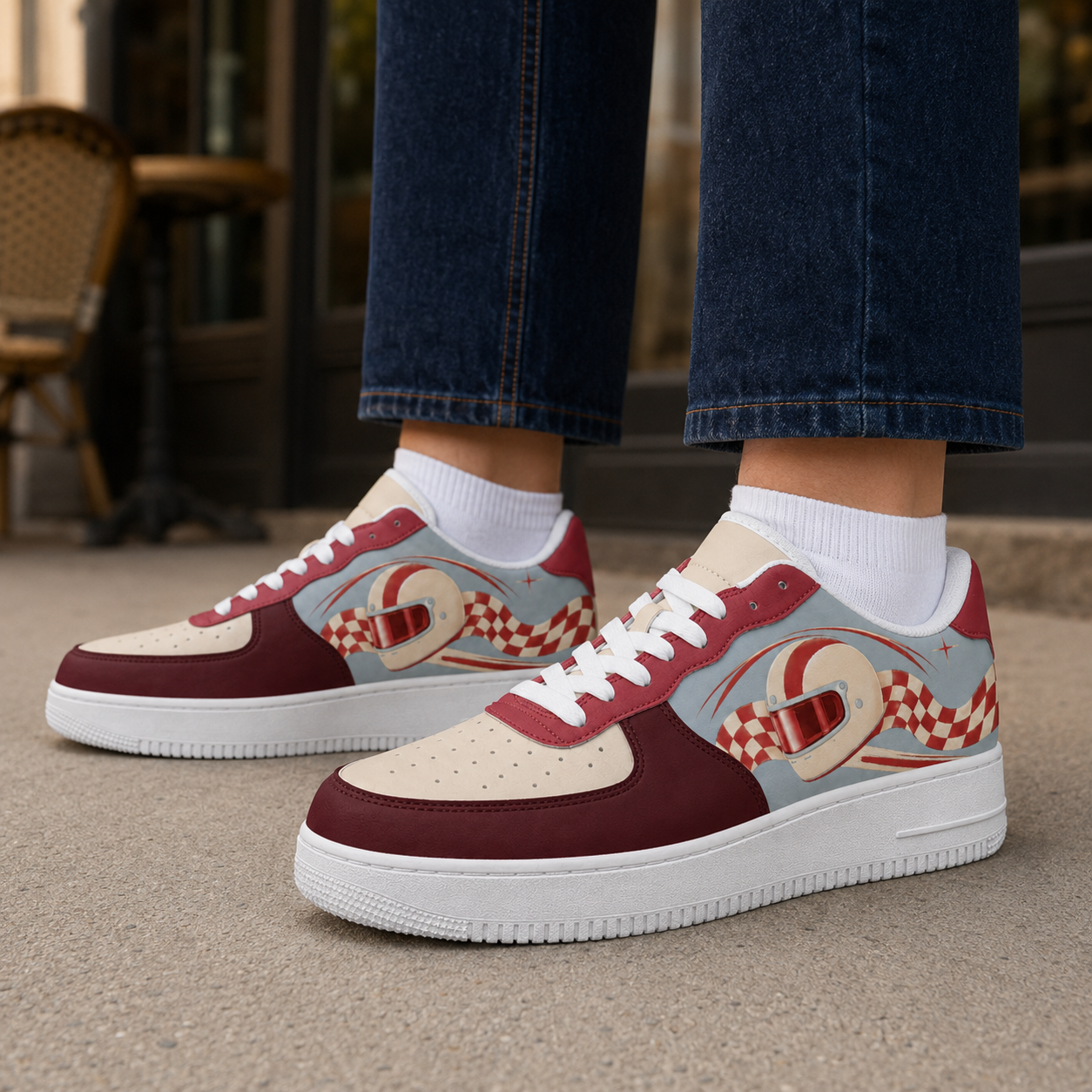 Retro Checkered Low-Top Sneakers – Burgundy & Powder Blue