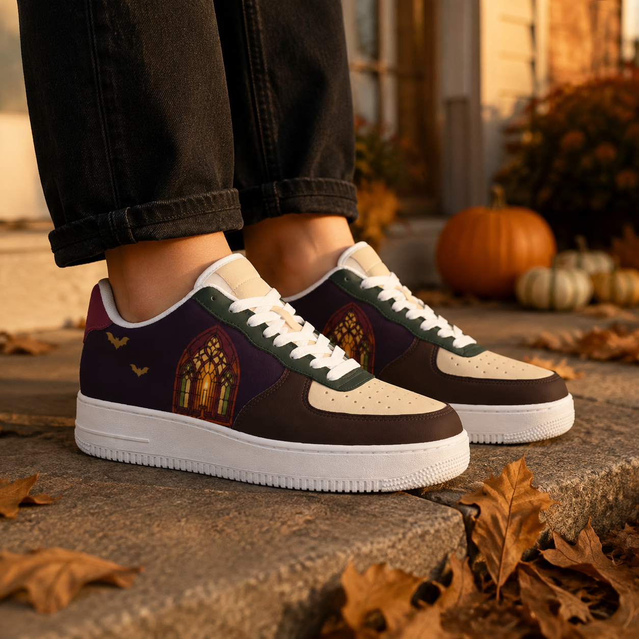 Gothic Stained Glass Bat Sneakers – Dark Cathedral Inspired Casual Shoes