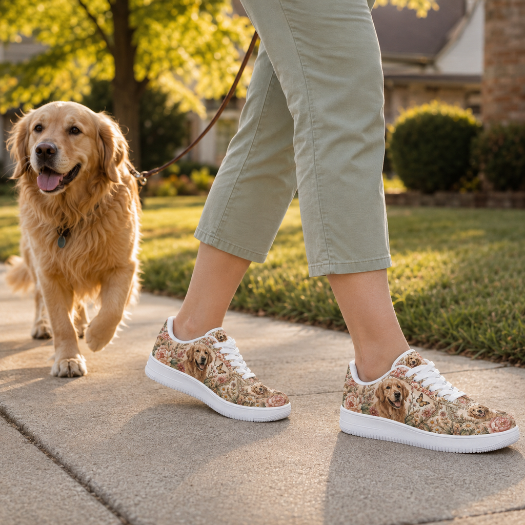 Golden Retriever Mom Vintage Floral Sneakers – Goldie Gift for Women