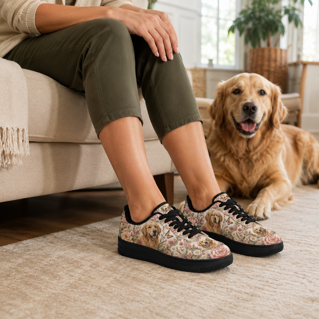 Golden Retriever Mom Vintage Floral Sneakers – Goldie Gift for Women