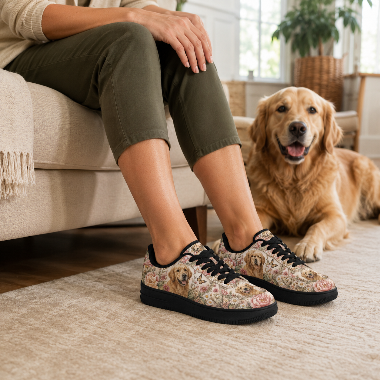Golden Retriever Mom Vintage Floral Sneakers – Goldie Gift for Women