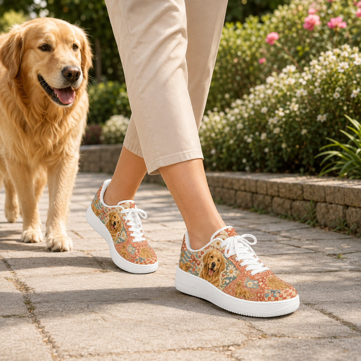 Golden Retriever Mom Boho Floral Sneakers – Goldie Gift for Women