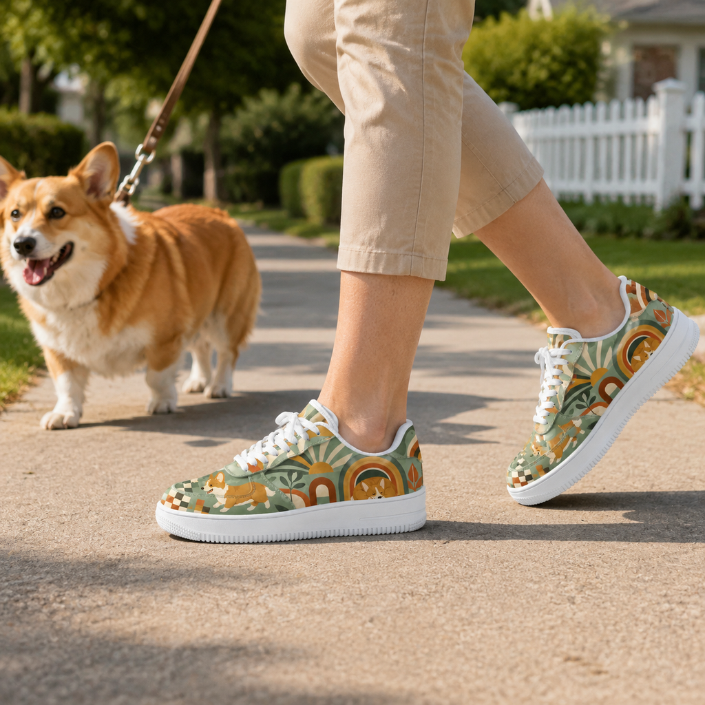 Corgi Mom Retro Floral Sneakers – Gift for Corgi Lovers