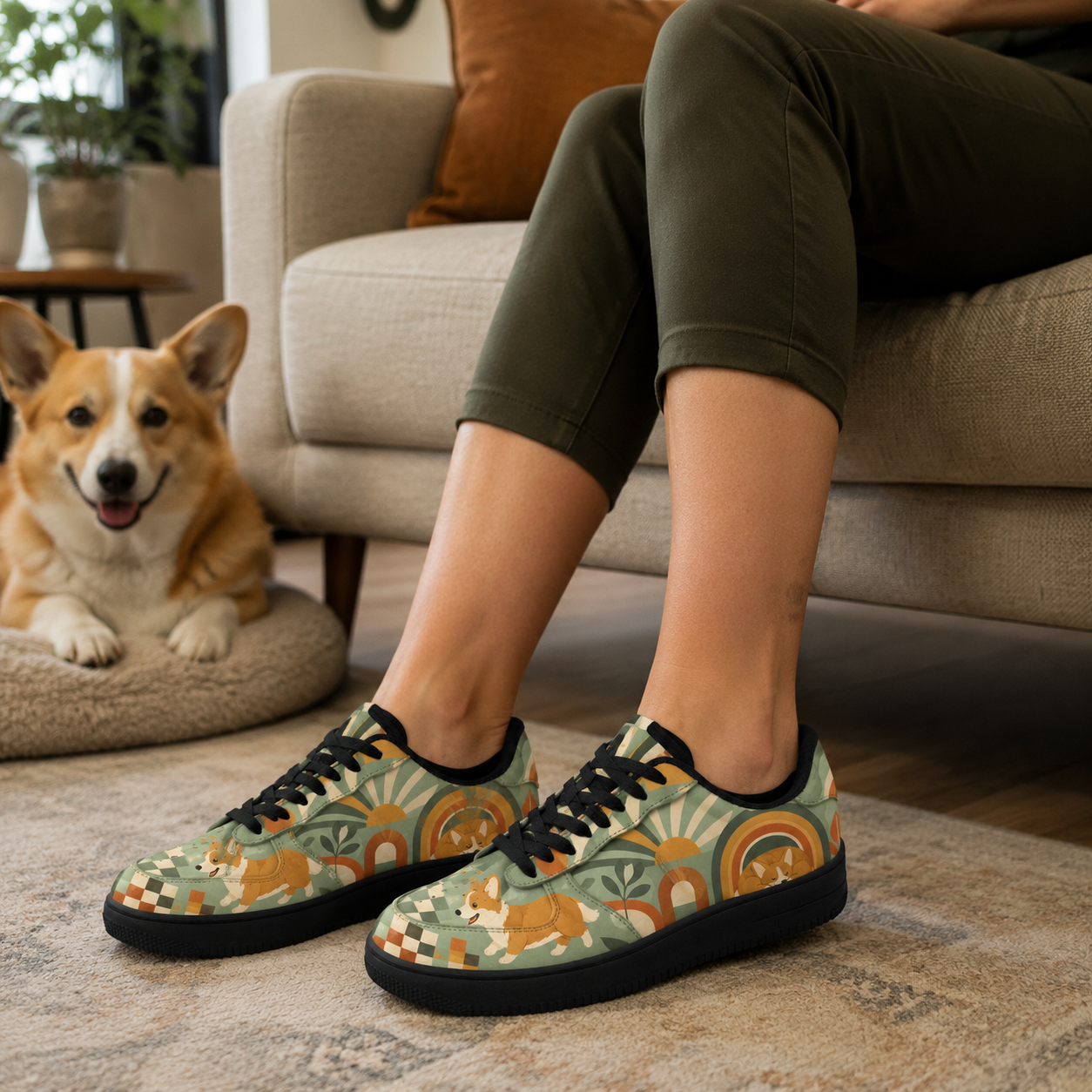 Corgi Mom Retro Floral Sneakers – Gift for Corgi Lovers
